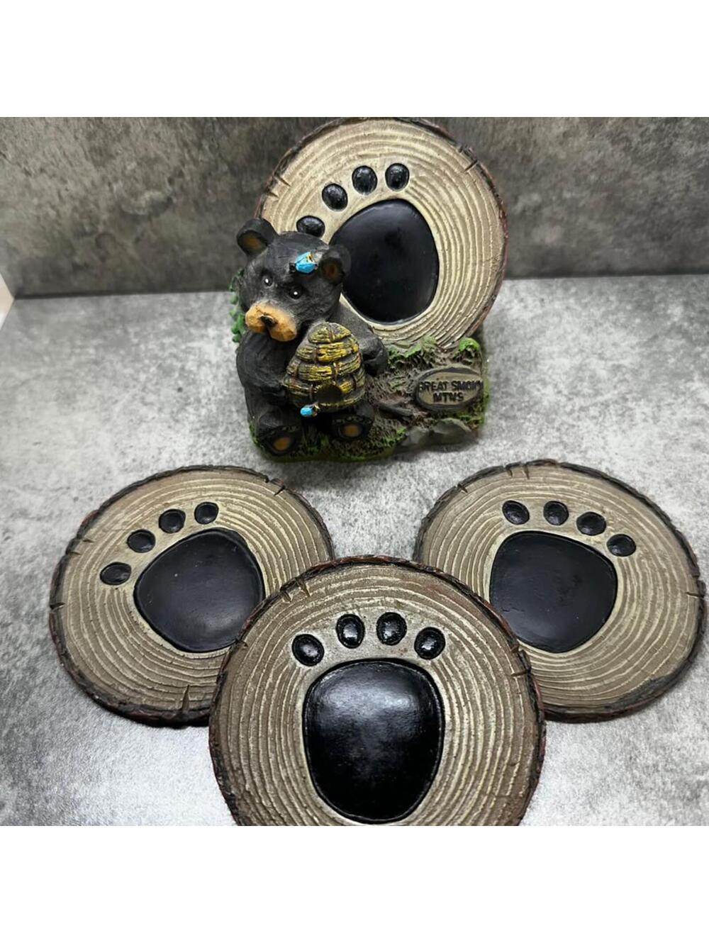 Adorable black bear coaster set with 4 paw print coasters, cabin decor